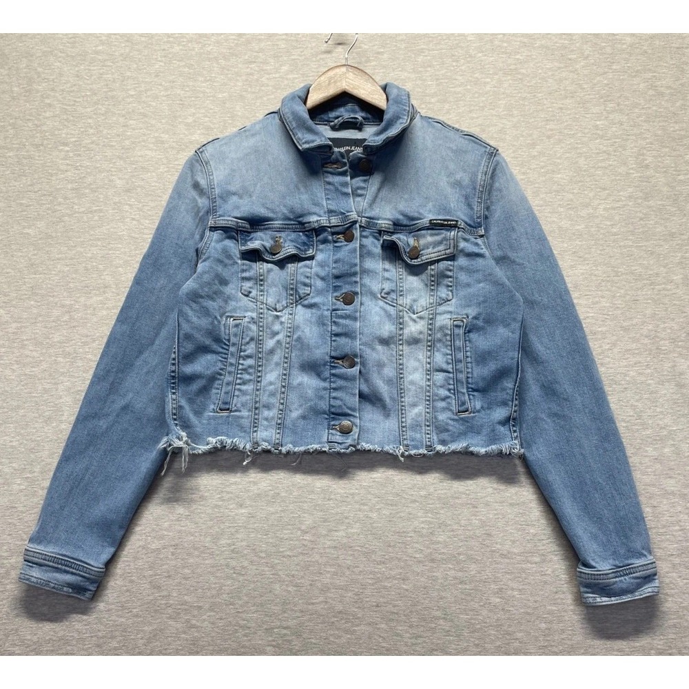 Calvin Klein Jeans Cropped Jacket Womens Large Blue Denim Cotton Button Front